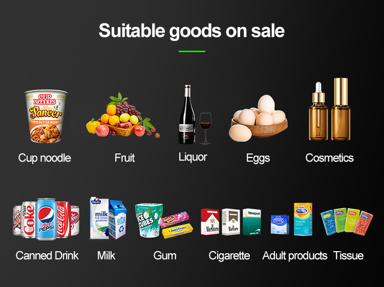 Suitable goods for the healthy food elevator vending machine including fruit, milk, eggs, cup noodles, and cosmetics.