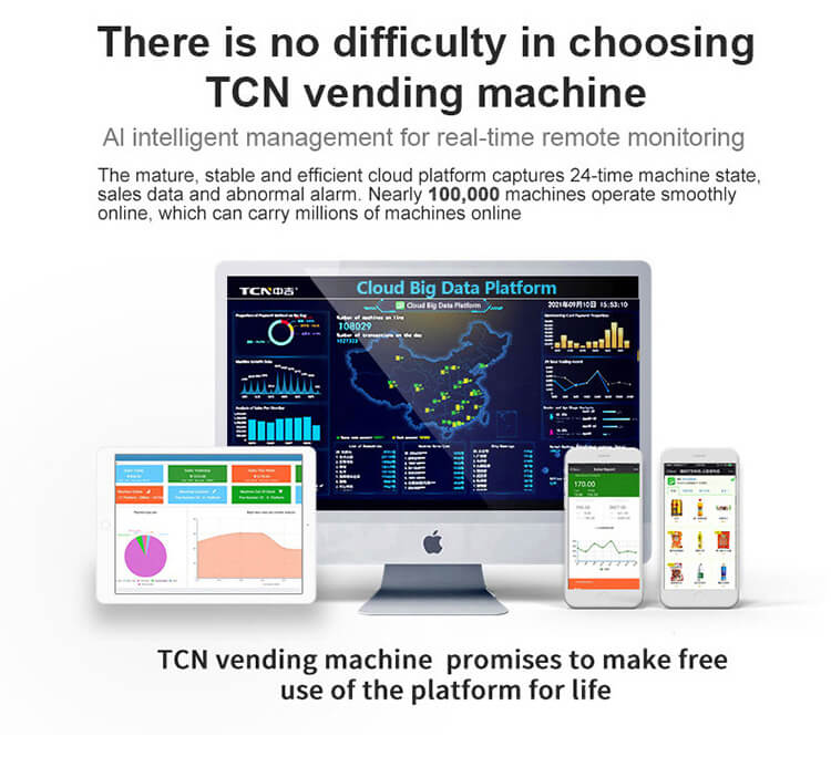 TCN AI intelligent cloud data platform for real-time remote monitoring and management of vending machines, supporting 100,000+ units online.