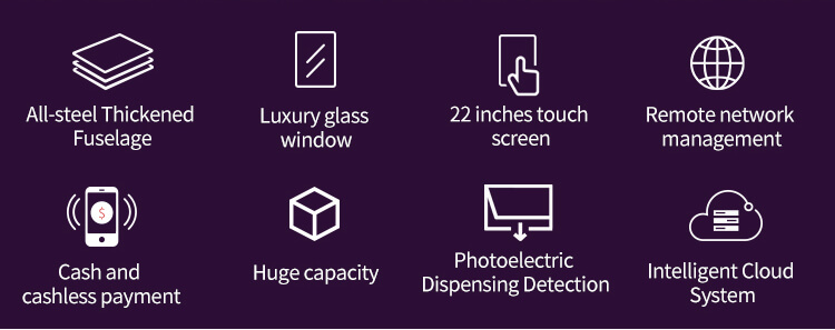 3C વેન્ડિંગ મશીનની મુખ્ય વિશેષતાઓમાં ઓલ-સ્ટીલ ફ્યુઝલેજ, લક્ઝરી ગ્લાસ વિન્ડો, કેશલેસ પેમેન્ટ અને ક્લાઉડ સિસ્ટમનો સમાવેશ થાય છે.