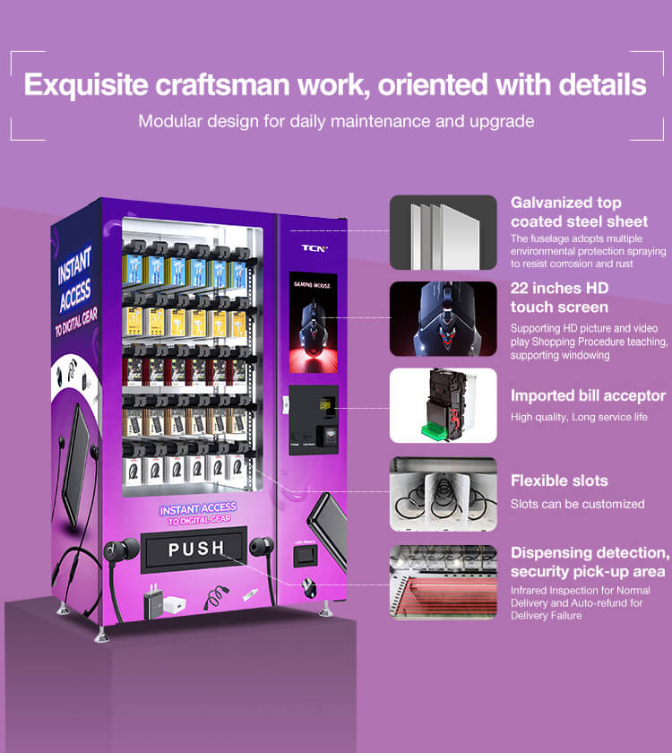 ડિજિટલ પ્રોડક્ટ કિઓસ્કની ઉત્કૃષ્ટ કારીગરી વિગતો જેમાં મોડ્યુલર ડિઝાઇન, HD ટચ સ્ક્રીન અને ઇન્ફ્રારેડ ડિસ્પેન્સિંગ ડિટેક્શનનો સમાવેશ થાય છે.