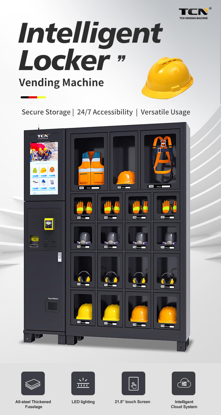 TCN intelligent locker vending machine with all-steel thickened fuselage, LED lighting, and 21.5-inch touch screen