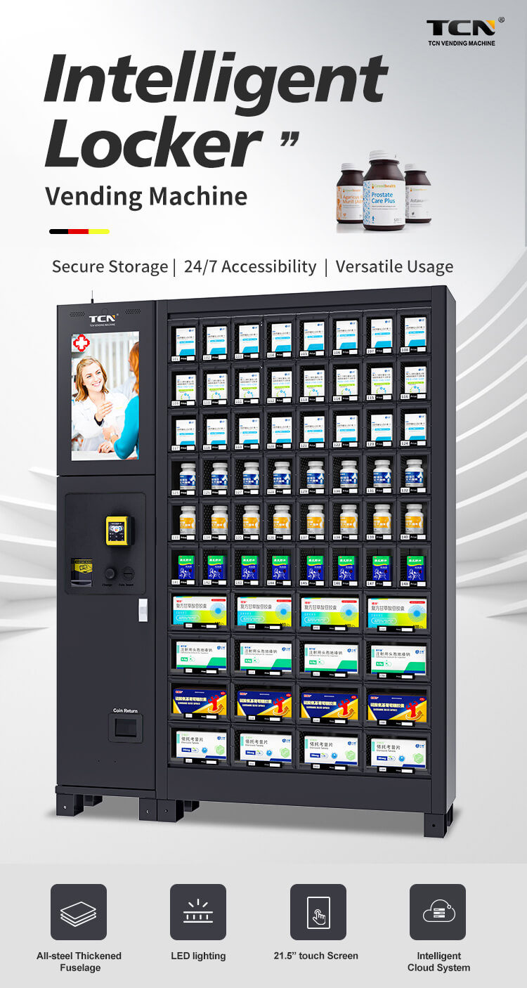 Máquina expendedora de casilleros inteligentes TCN que destaca por su almacenamiento seguro, accesibilidad las 24 horas, los 7 días de la semana y un uso versátil para diversos productos.