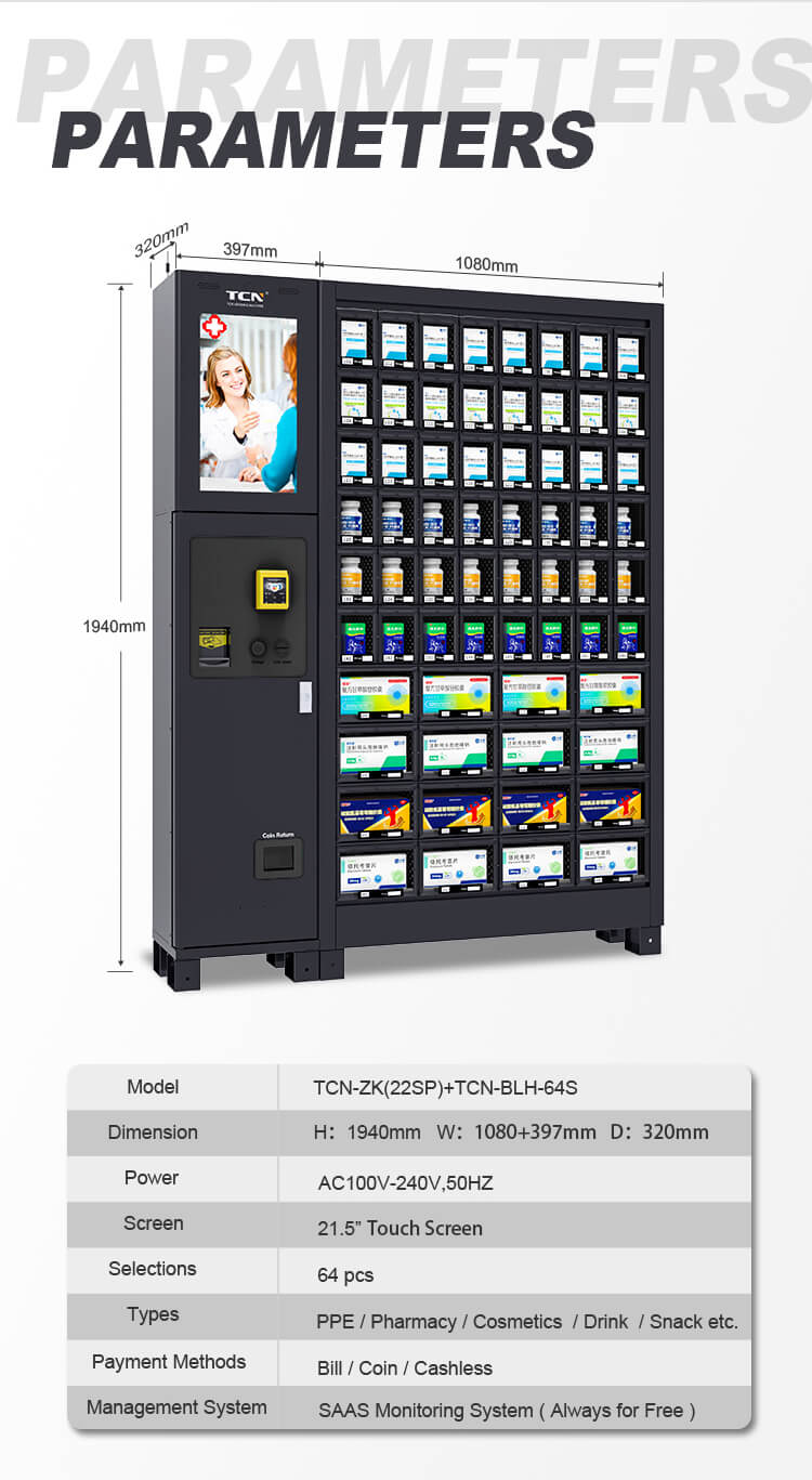 Especificaciones técnicas de la máquina expendedora de casilleros TCN-ZK(22SP)+TCN-BLH-64S, incluidas dimensiones, fuente de alimentación, pantalla táctil y métodos de pago.