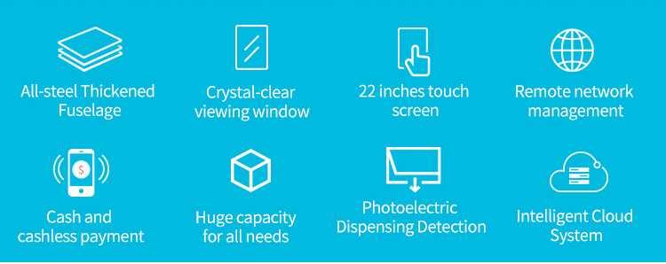 Máquina expendedora de mascotas con fuselaje reforzado totalmente de acero, pantalla táctil de 22 pulgadas, pago sin efectivo y detección fotoeléctrica de dispensación.