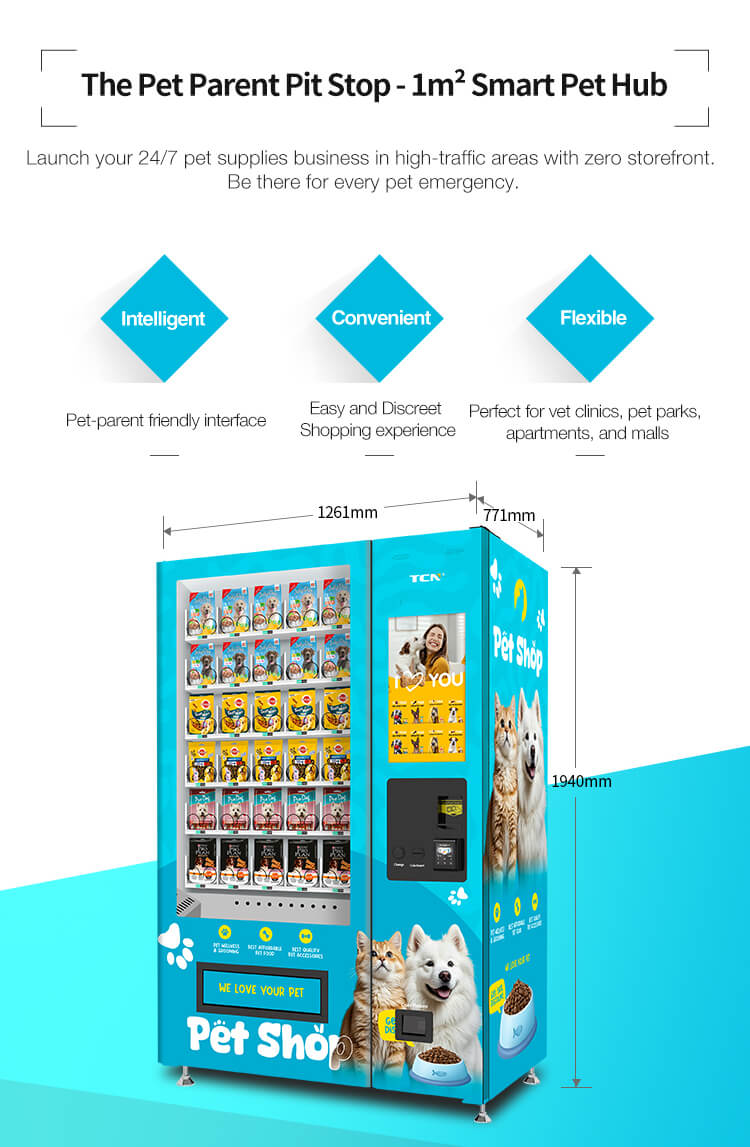 Máquina expendedora de mascotas recientemente mejorada con estructura totalmente de acero, puerto de recogida antirrobo, pantalla HD y múltiples opciones de pago.