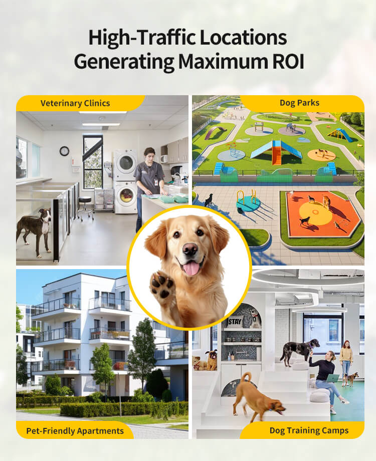 Se instalan máquinas expendedoras de suministros para mascotas en lugares de alto tráfico como clínicas veterinarias, parques para perros, apartamentos y centros de entrenamiento para maximizar el retorno de la inversión.