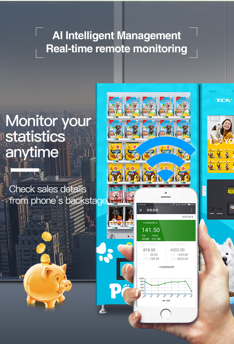 Sistema de gestión inteligente con IA para máquinas expendedoras de productos para mascotas que muestra estadísticas de ventas en tiempo real, monitorización remota y gráficos de rendimiento para suministros para mascotas.
