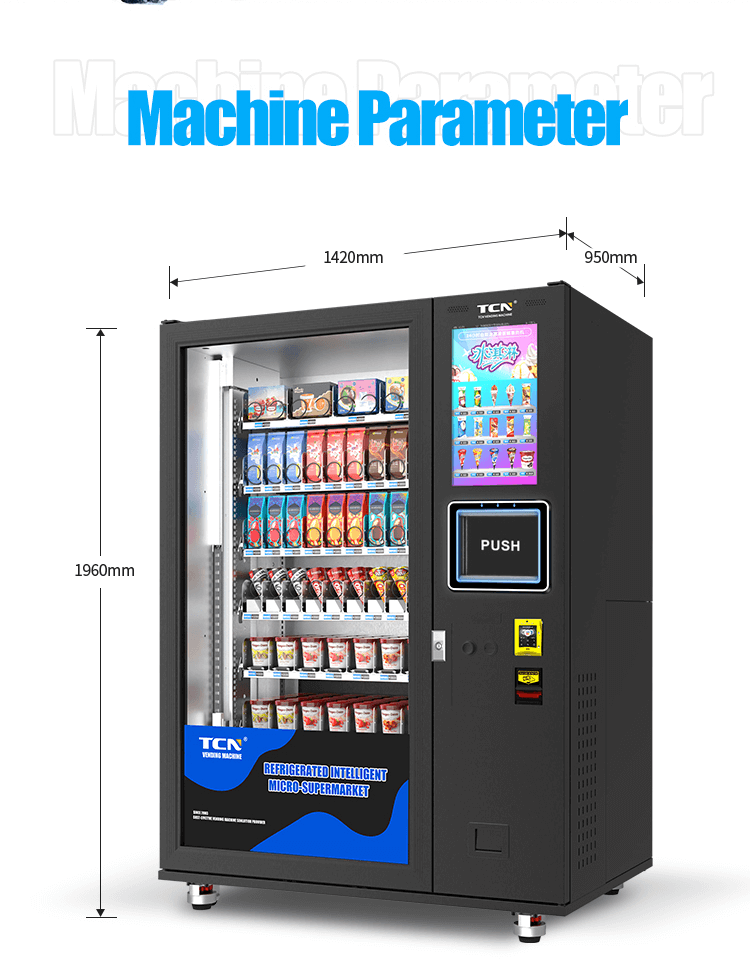 Dimensions and footprint of the TCN-FMX-9C freezer vending machine - 1960mm H x 1420mm W x 950mm D