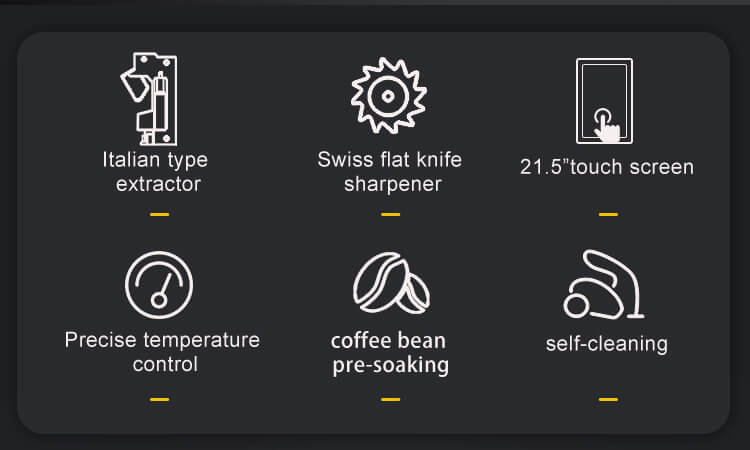 Six key features of the TCN coffee Vending machine: Italian extractor, Swiss grinder, touchscreen, temperature control, pre-soaking, and self-cleaning