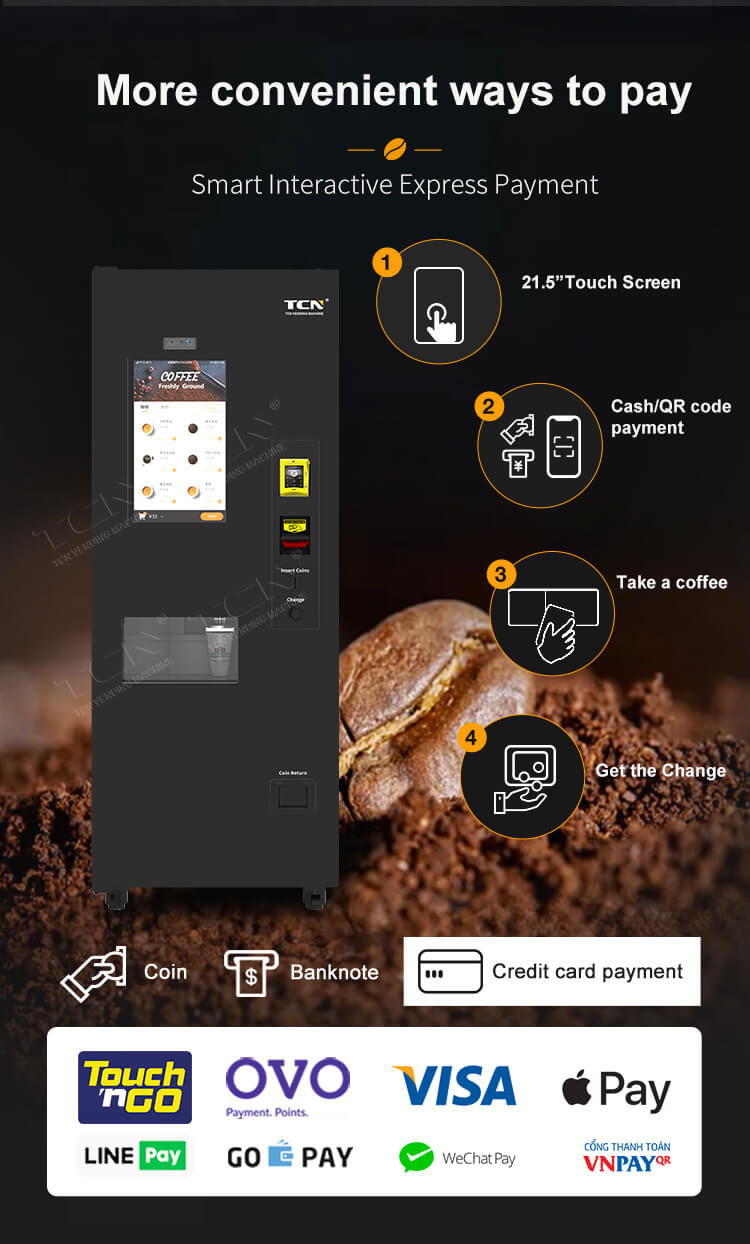 Multiple payment options in TCN coffee vending machine - touch screen, cash, QR code, credit card, WeChat Pay, and LINE Pay
