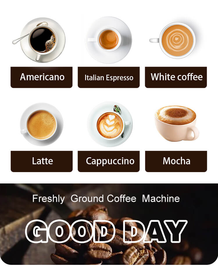 Variety of coffee drinks from TCN freshly ground coffee vending machine - Americano, Espresso, Latte, Cappuccino, and Mocha