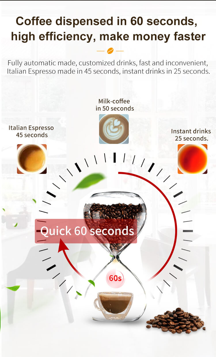 Dispensación rápida de café en 60 segundos con la cafetera TCN: espresso italiano en 45 segundos, café con leche en 50 segundos, bebidas instantáneas en 25 segundos.