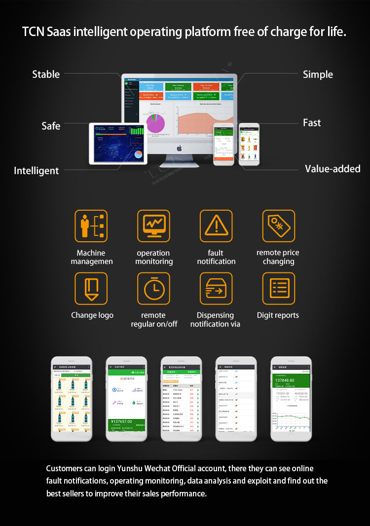 Plataforma operativa inteligente TCN SaaS gratuita de por vida, que ofrece una gestión estable, segura y remota para negocios de máquinas expendedoras de café.