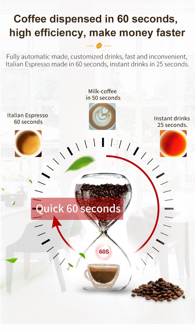 Fast 60-second coffee dispensing with the TCN-NCF-4N machine, serving espresso and milk coffee efficiently