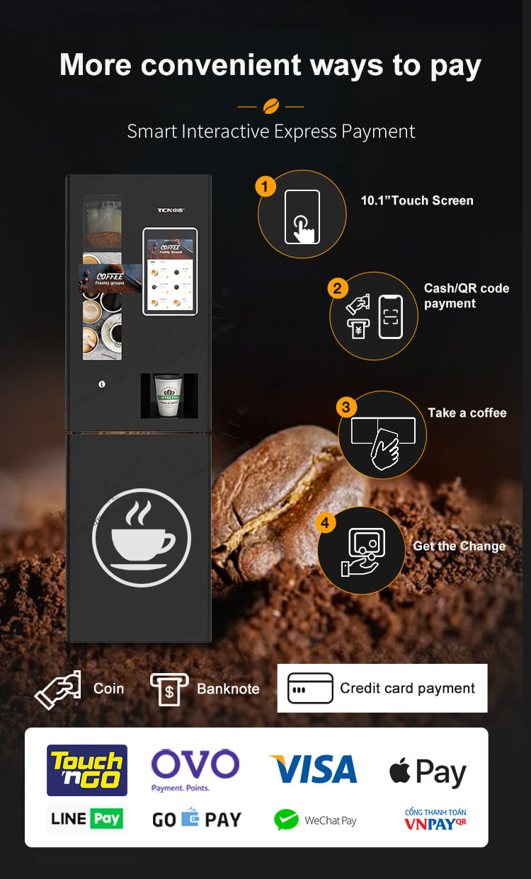 Smart payment options on the TCN-NCF-4N tabletop coffee vender featuring 10.1 inch touch screen and QR code payment