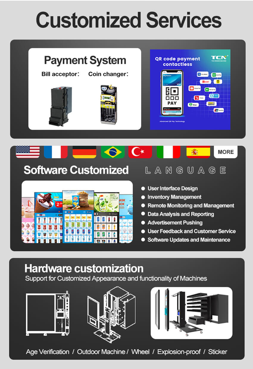 Taquilla expendedora TCN personalizable con opciones de colores de marca, logotipos y configuraciones de compartimentos para satisfacer necesidades específicas.