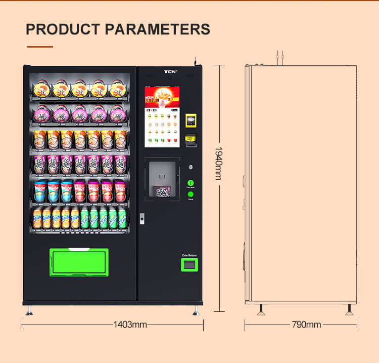 Parámetros técnicos de la máquina para preparar fideos instantáneos modelo TCN-CSC-10C(V22)-CN, con 60 selecciones, capacidad para 300 piezas y 6 cajones.