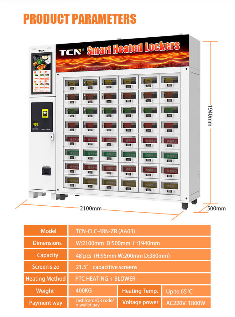 TCN-CLC-48N-ZR મોડેલ હીટેડ લોકર માટે વિગતવાર ઉત્પાદન પરિમાણો, જેમાં પરિમાણો, તાપમાન અને ચુકવણી પદ્ધતિઓનો સમાવેશ થાય છે.
