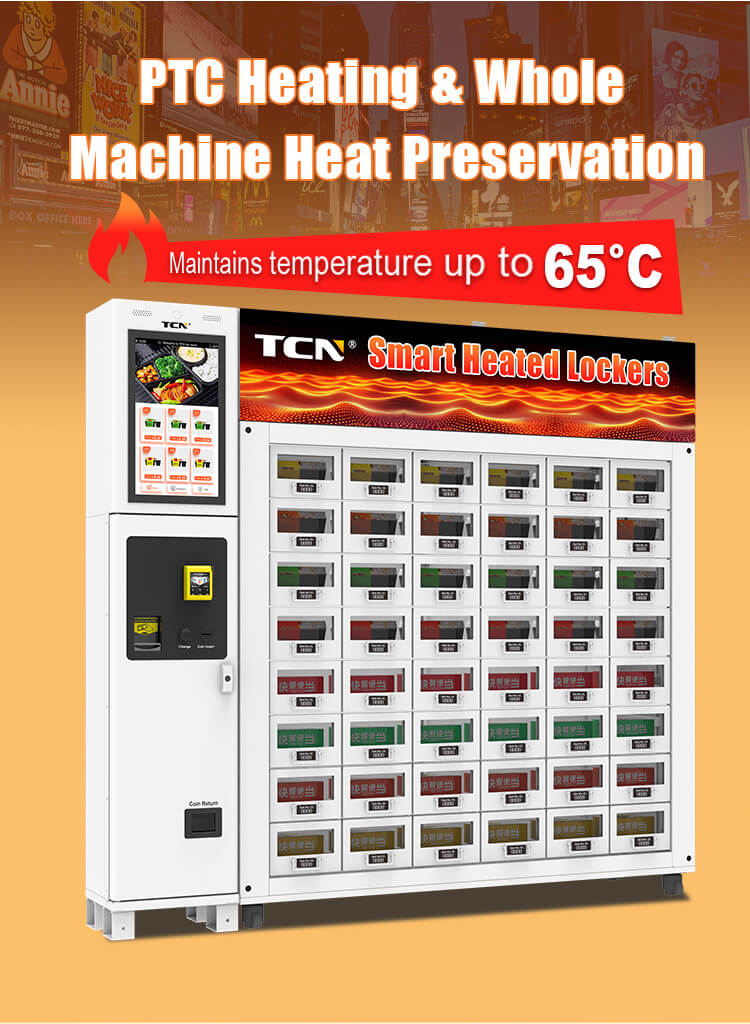 TCN સ્માર્ટ વેન્ડિંગ લોકરમાં PTC હીટિંગ ટેકનોલોજી સમગ્ર મશીન ગરમી જાળવણી માટે 65°C સુધી તાપમાન જાળવી રાખે છે.