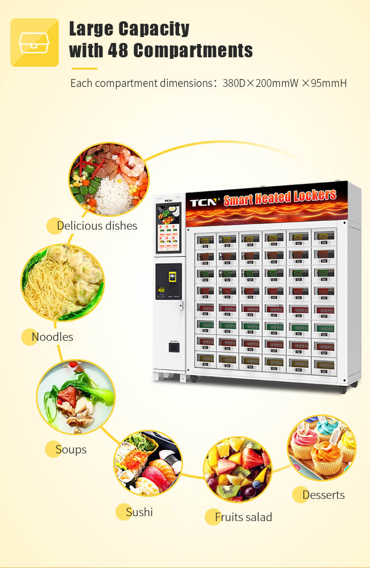 TCN સ્માર્ટ હીટેડ લોકર 48 કમ્પાર્ટમેન્ટ સાથે, ગરમ ભોજન, નૂડલ્સ, સૂપ અને મીઠાઈઓ માટે 65°C તાપમાન જાળવી રાખે છે.