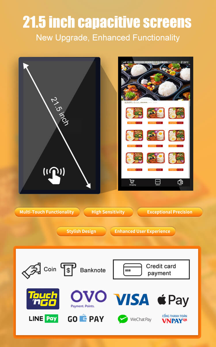 TCN હીટેડ લોકરની 21.5-ઇંચ મલ્ટી-ટચ કેપેસિટીવ સ્ક્રીન, જેમાં વિઝા, વીચેટ પે જેવા વિવિધ ચુકવણી વિકલ્પો છે.