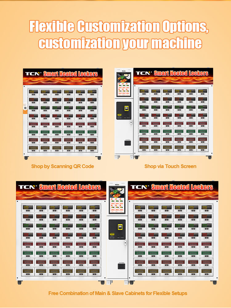 ફ્લેક્સિબલ TCN હીટેડ લોકર કસ્ટમાઇઝેશન - મુખ્ય અને સ્લેવ કેબિનેટ સંયોજનો સાથે QR કોડ સ્કેન અથવા ટચ સ્ક્રીન શોપિંગ.