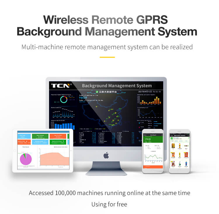 બહુવિધ TCN ગરમ વેન્ડિંગ મશીનોનું નિરીક્ષણ કરવા માટે વાયરલેસ રિમોટ GPRS મેનેજમેન્ટ સિસ્ટમ ડેશબોર્ડ