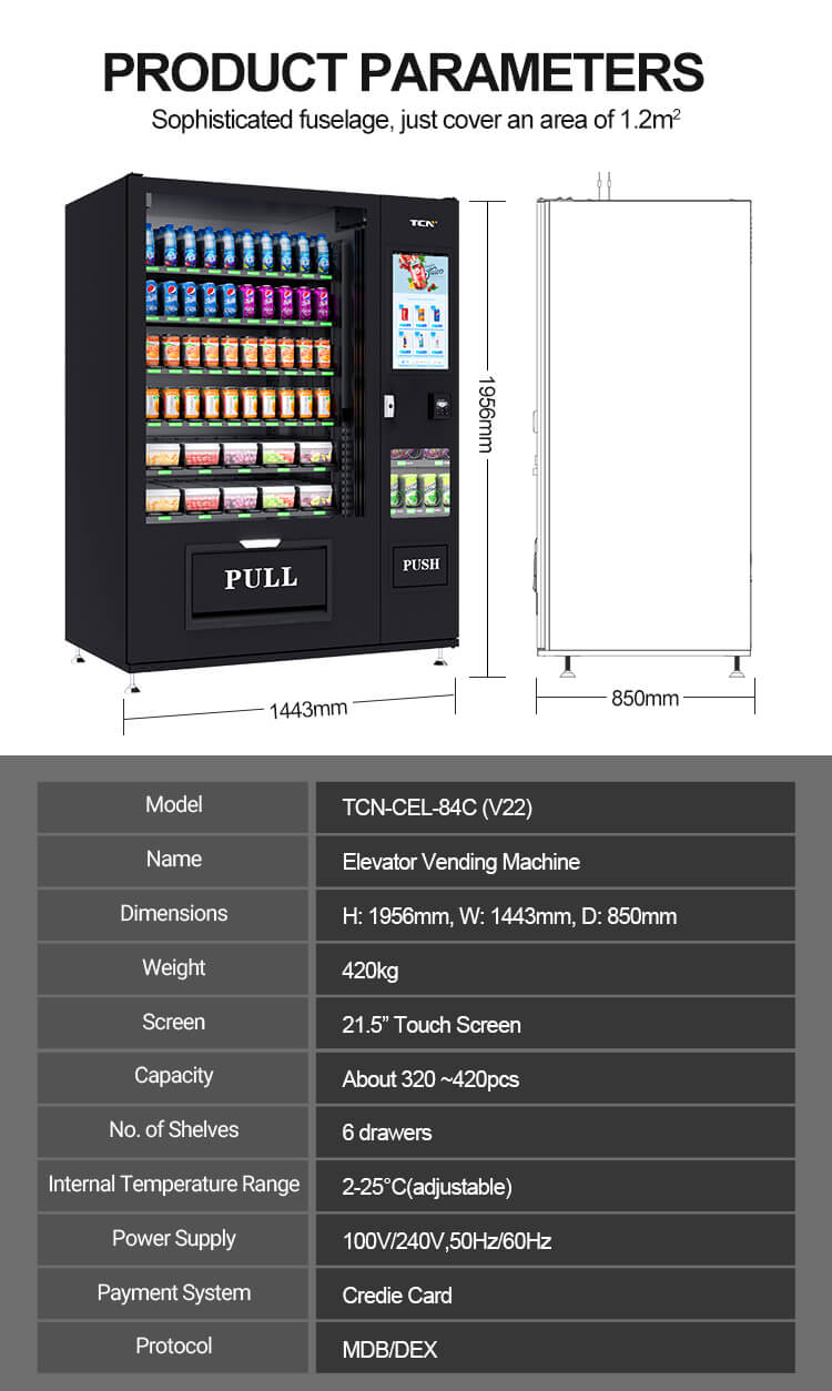 Especificaciones técnicas del modelo TCN-CEL-84C (V22), destacando su tamaño de 1.2 m² y su capacidad para 320-420 artículos