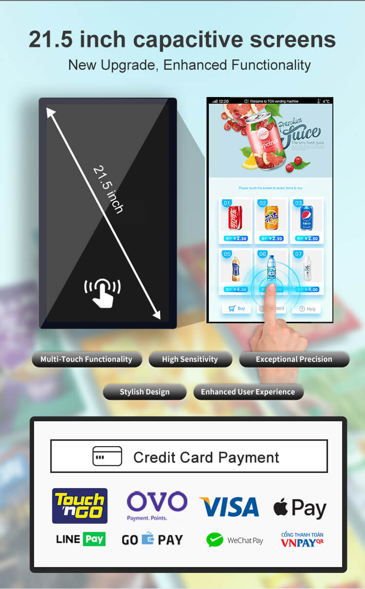 Interfaz de pantalla táctil capacitiva de 21.5 pulgadas fácil de usar que admite múltiples opciones de pago como Visa y Apple Pay.