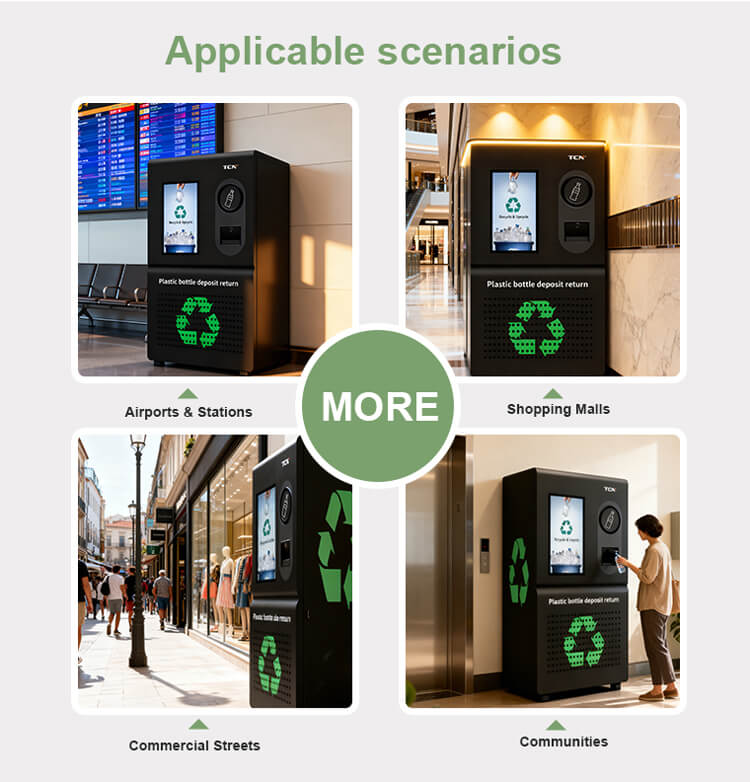 Escenarios aplicables para la máquina expendedora inversa, incluidos aeropuertos, centros comerciales y comunidades, que demuestran su amplia utilidad en espacios públicos.