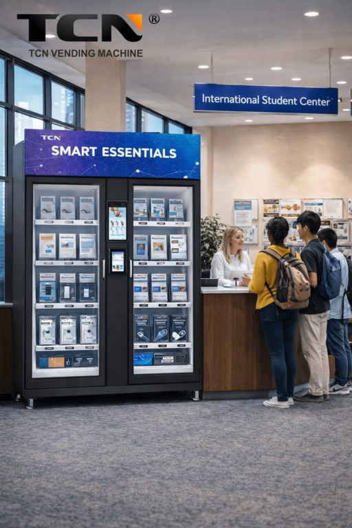 Máquina expendedora inteligente TCN AI en un centro de estudiantes internacionales, que brinda acceso las 24 horas, los 7 días de la semana, a kits de higiene y artículos de primera necesidad para los recién llegados.