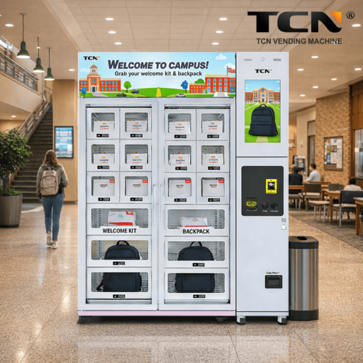 Máquina expendedora de casilleros TCN blancos en el campus, diseñada para distribuir kits de bienvenida y mochilas a estudiantes internacionales a través de un sistema de recolección modular