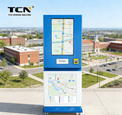 Máquina expendedora TCN Big Ad Screen con un mapa interactivo de la ciudad y guía digital para ayudar a los estudiantes internacionales a navegar por una nueva ciudad.