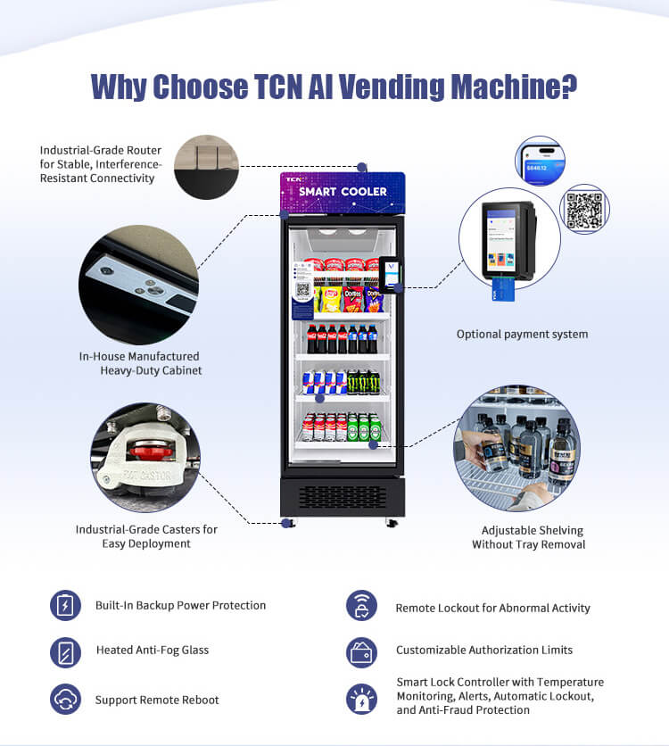 Características de hardware de grado industrial: enfriador inteligente TCN con vidrio antivaho calentado, protección de energía de respaldo y controlador de bloqueo remoto