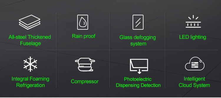 Características de venta minorista inteligente: sistema de gestión en la nube, desempañado de cristales, iluminación LED a prueba de lluvia y de bajo consumo.
