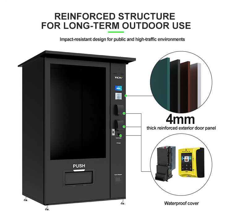 Máquina expendedora antivandálica con puerta de acero reforzado de 4 mm y protección impermeable con clasificación IP