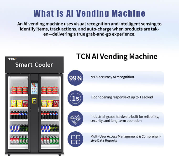¿Qué es una máquina expendedora con IA? El refrigerador inteligente TCN utiliza reconocimiento visual para una experiencia de compra fácil y rápida con pago instantáneo.