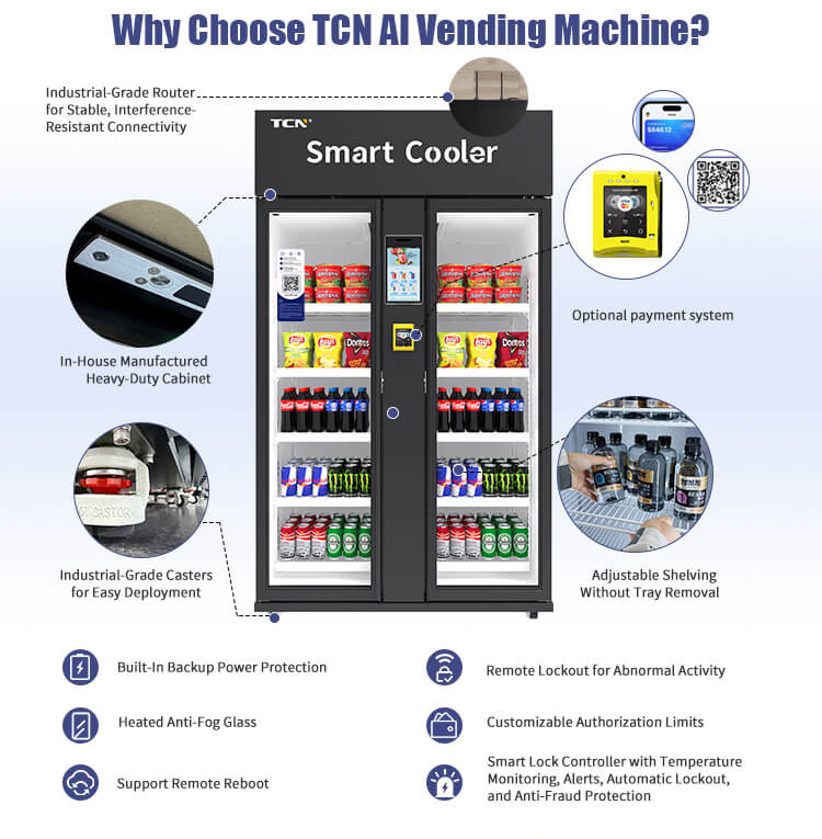 Características del hardware de la máquina expendedora TCN AI: enrutador de grado industrial, gabinete resistente, energía de respaldo, vidrio antivaho y administración inteligente de estantes.