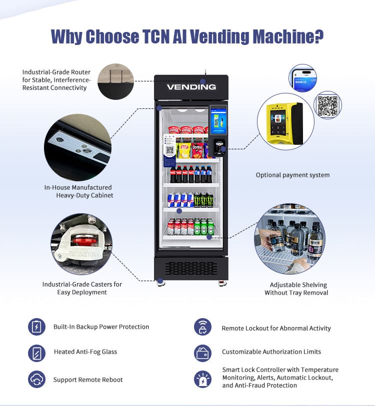 Características de hardware de grado industrial: enfriador inteligente TCN con vidrio antivaho calentado, protección de energía de respaldo y controlador de bloqueo remoto