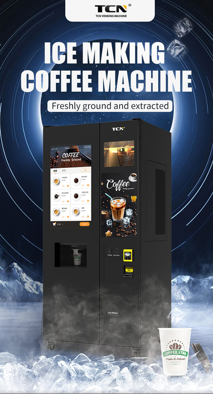 Máquina expendedora de café con hielo TCN con extractor italiano, molinillo de cuchillas planas suizo y pantalla táctil de 21.5 pulgadas para café recién molido.