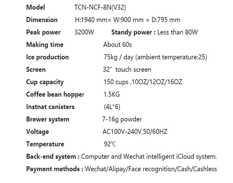 Parámetros y especificaciones del producto de la máquina expendedora de café helado TCN-NCF-8N(V22), incluyendo dimensiones, potencia y métodos de pago.