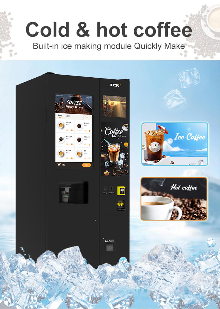 Componentes internos de la máquina expendedora de café helado TCN: cerradura electrónica, depósito de granos de 1.5 kg, máquina de hielo, molinillo y sistema de pago.