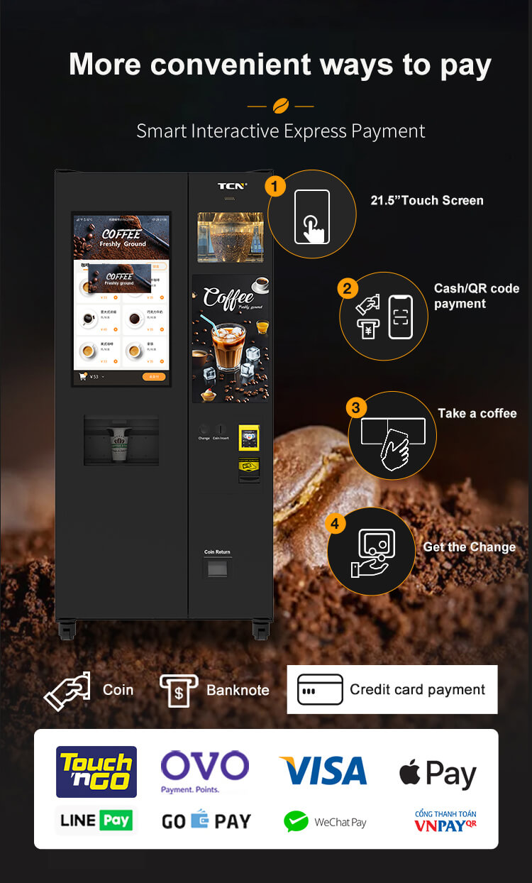 Múltiples métodos de pago convenientes para la máquina expendedora de café TCN, incluyendo efectivo, código QR y diversas billeteras digitales.