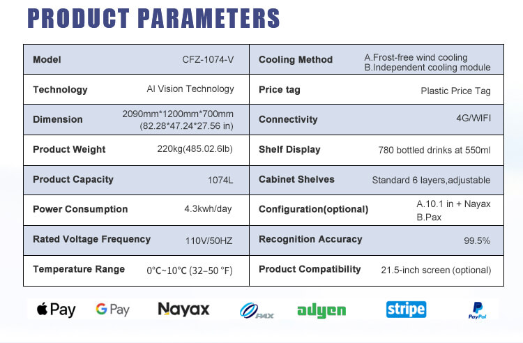 Especificaciones detalladas de la máquina expendedora inteligente con inteligencia artificial TCN-CFZ-1074-V: capacidad de 1074 L, dimensiones, consumo de energía y opciones de pago.