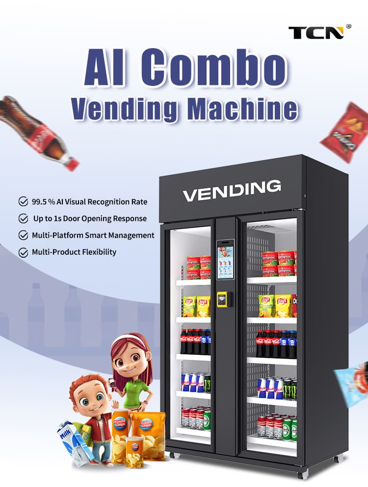 TCN Smart Cooler: máquina expendedora combinada con IA y reconocimiento visual del 99.5 % para pagar al instante. Ofrece flexibilidad para múltiples productos y gestión inteligente.