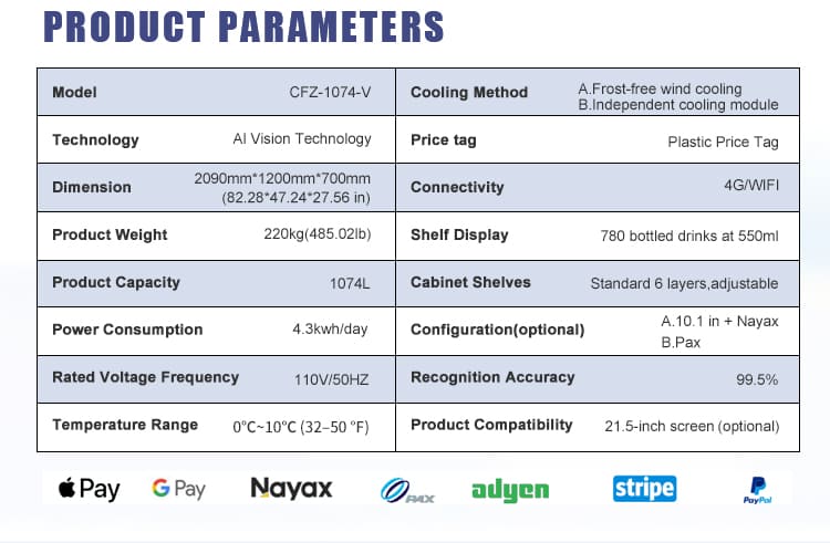 Especificaciones detalladas de la máquina expendedora inteligente con IA TCN-CFZ-1074-V: capacidad de 1074 L, dimensiones, consumo de energía y opciones de pago.