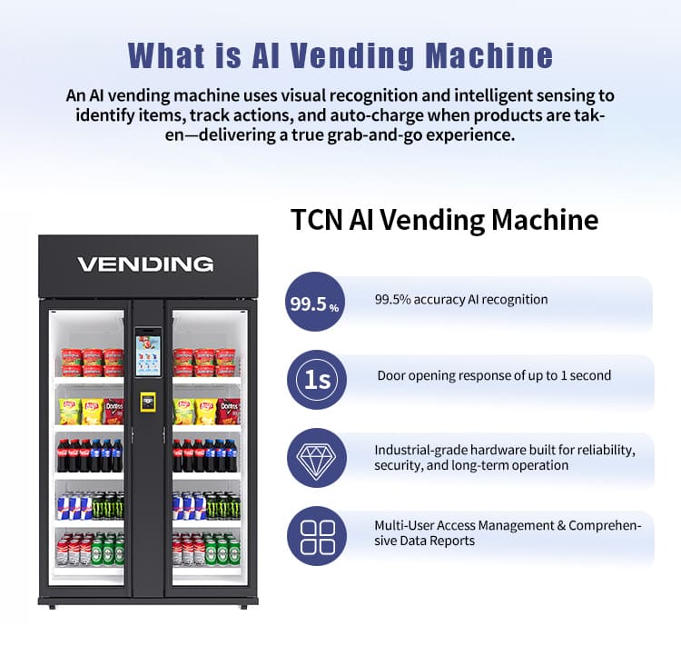 ¿Qué es una máquina expendedora con IA? El refrigerador inteligente TCN utiliza reconocimiento visual para una experiencia de compra fácil y rápida con pago instantáneo.